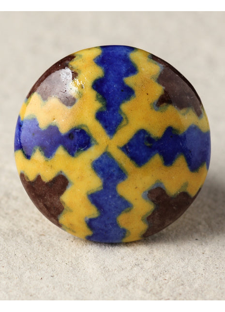 Zigzag Yellow, Brown And Blue Ceramic Blue Pottery Drawer Knob