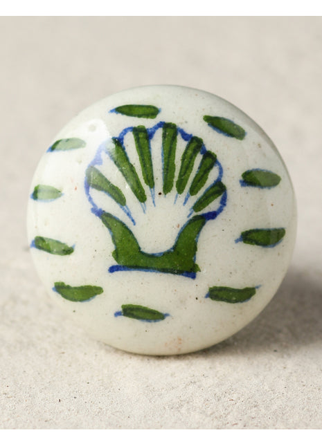 Vintage Green Seashell On White Ceramic Blue Pottery Door Knob