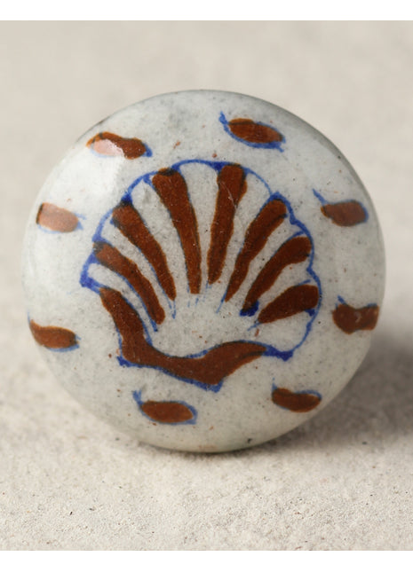 Brown Seashell On White Ceramic Blue Pottery Kitchen Cabinet Knob