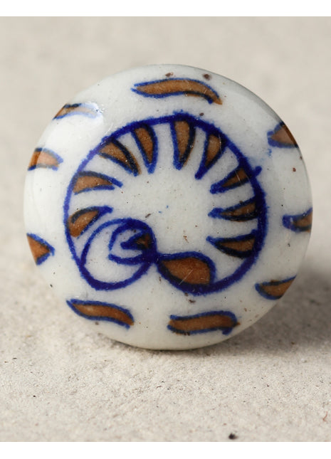 Brown Heart On White Ceramic Blue Pottery Kitchen Cabinet Knob
