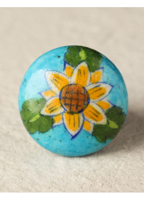 Stylish Turquoise Ceramic Blue Pottery Drawer Knob With Yellow Flower