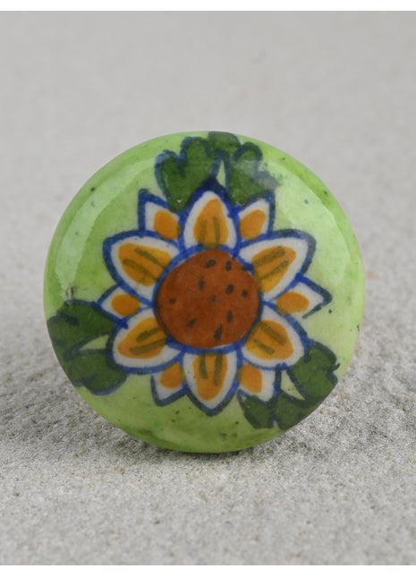 Lime Green With Yellow Flower Ceramic Blue Pottery Drawer Knob