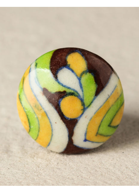 Vintage Multicolor Print On Brown Ceramic Blue Pottery Knob
