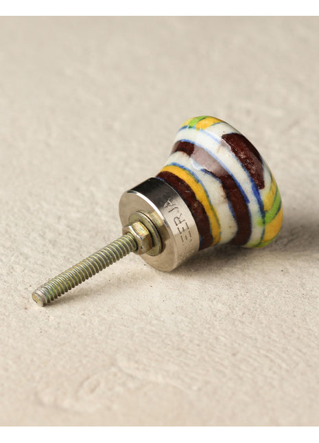 Vintage Multicolor Print On Brown Ceramic Blue Pottery Knob