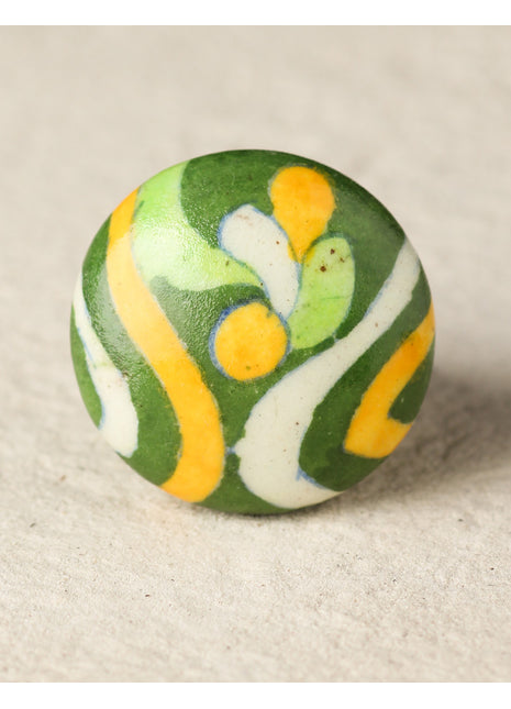 Antique Multicolor Design On Green Ceramic Blue Pottery Drawer Knob