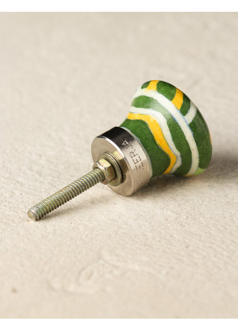 Antique Multicolor Design On Green Ceramic Blue Pottery Drawer Knob