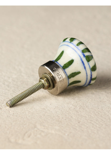 Hand Painted Green Stripes On White Ceramic Blue Pottery Kitchen Cabinet Knob