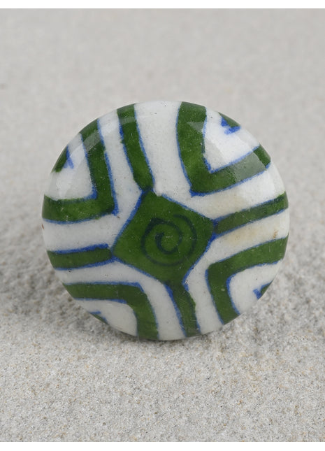 Hand Painted Green Stripes On White Ceramic Blue Pottery Kitchen Cabinet Knob
