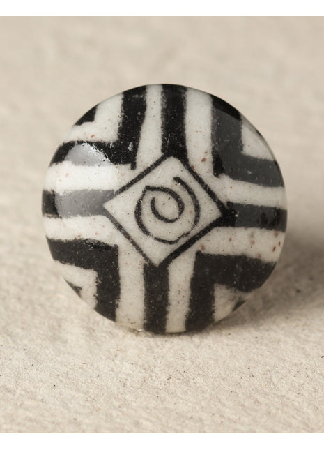 Vintage Black Stripes On White Ceramic Blue Pottery Door Knob