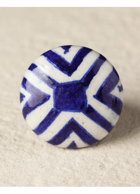 Handmade Blue Stripes On White Ceramic Blue Pottery Drawer Knob