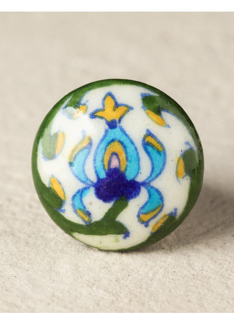 Multicolor Designer Print On White Ceramic Blue Pottery Door Knob