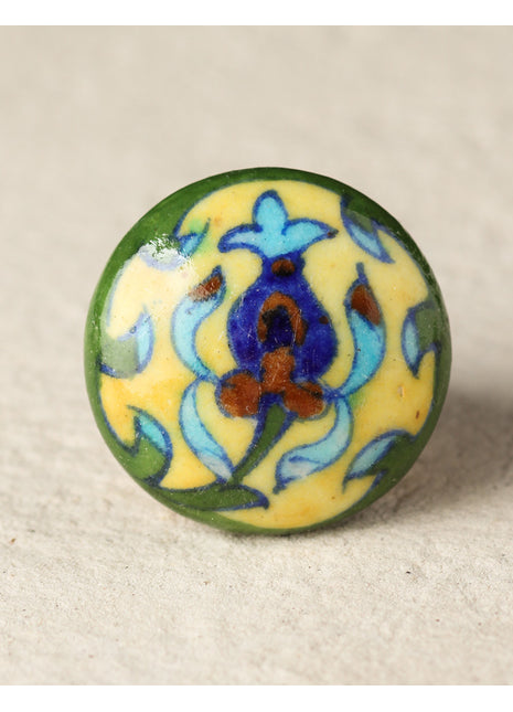 Multicolor Floral Print On White Ceramic Blue Pottery Drawer Knob