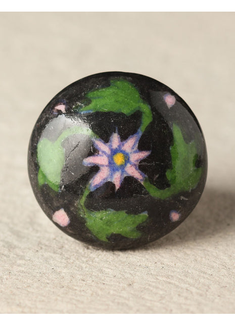 Handmade Black Ceramic Blue Pottery Door Knob With Green Leaf Design