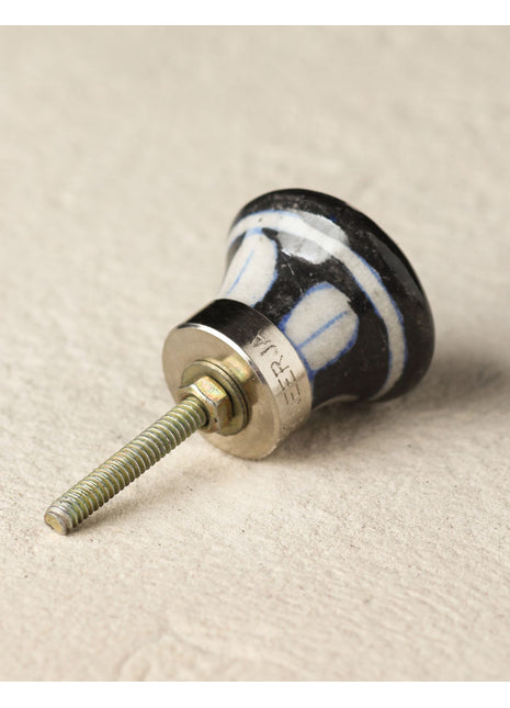 Handmade Black Ceramic Blue Pottery Door Knob With Green Leaf Design