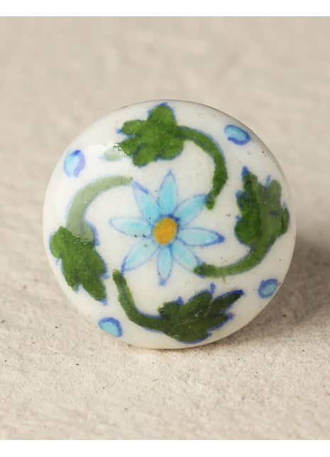 Vintage White Ceramic Knob With Turquoise And Green Design