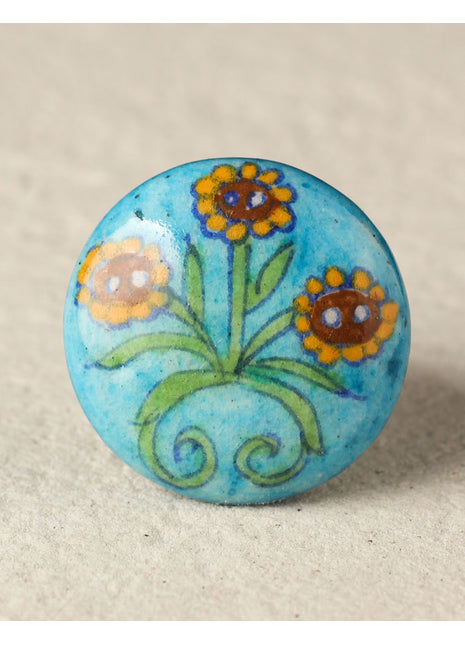 Stylish Sunflower On Turquoise Ceramic Blue Pottery Drawer Knob