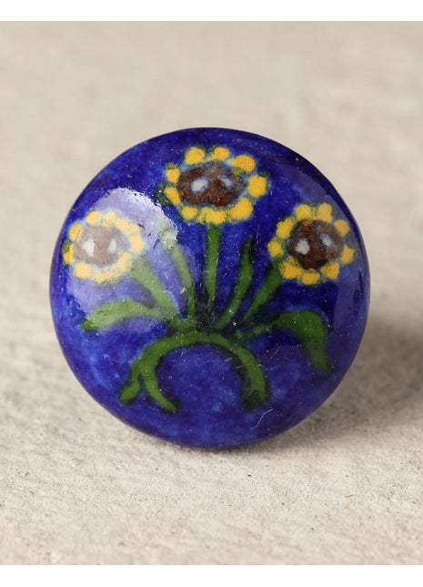 Antique Sunflower On Blue Ceramic Blue Pottery Door Knob