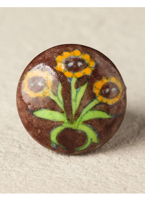 Handmade Sunflower On Brown Ceramic Blue Pottery Door Knob