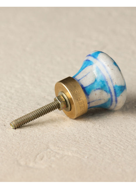 Vintage Turquoise Design On White Ceramic Blue Pottery Dresser Cabinet Knob