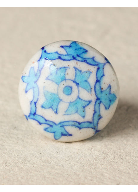 Vintage Turquoise Design On White Ceramic Blue Pottery Dresser Cabinet Knob