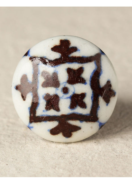 Antique Brown Print On White Ceramic Blue Pottery Door Knob