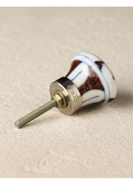 Antique Brown Print On White Ceramic Blue Pottery Door Knob