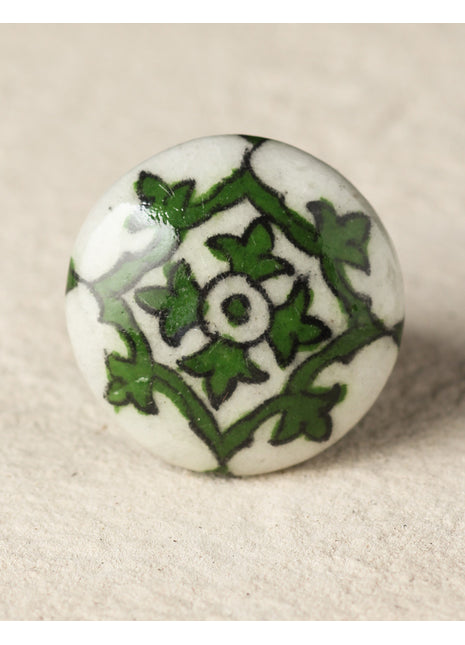 Elegant Green Pattern On White Ceramic Blue Pottery Drawer Knob