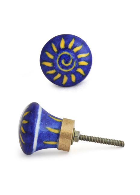 Antique Sun Design On Blue Ceramic Blue Pottery Drawer Knob