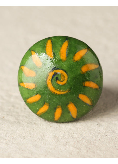 Elegant Sun Design On Green Ceramic Blue Pottery Drawer Knob