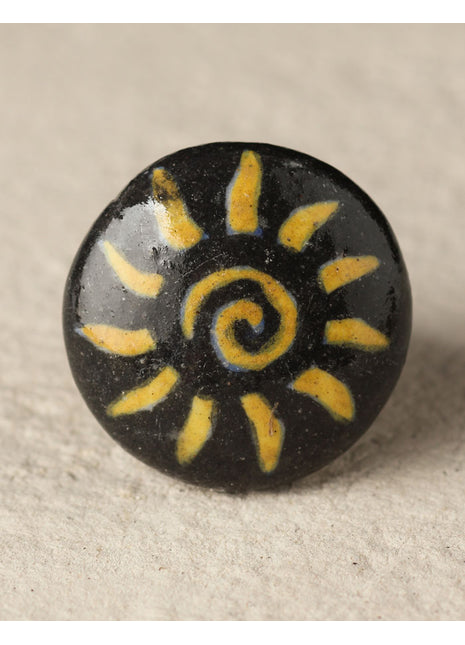 Stylish Sun Print On Black Ceramic Blue Pottery Dresser Cabinet Knob