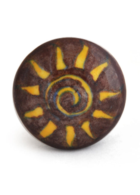 Designer Sun On Brown Ceramic Blue Pottery Kitchen Cabinet Knob