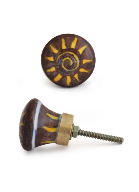 Designer Sun On Brown Ceramic Blue Pottery Kitchen Cabinet Knob