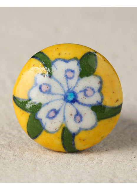 Handmade Yellow Ceramic Blue Pottery Knob With White Flower