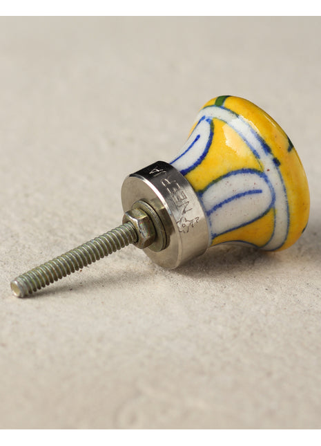 Handmade Yellow Ceramic Blue Pottery Knob With White Flower