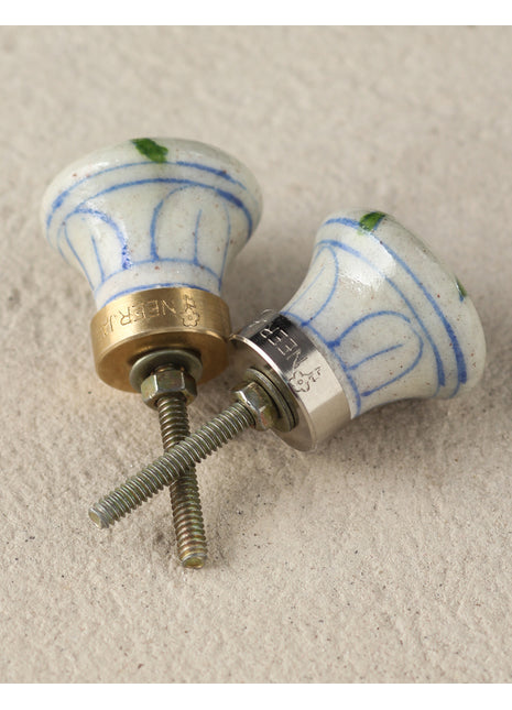 Elegant White Ceramic Blue Pottery Door Knob With Salmon Pink Flower