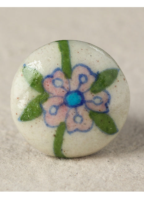Elegant White Ceramic Blue Pottery Door Knob With Salmon Pink Flower