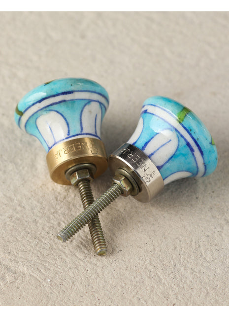 Vintage Turquoise Ceramic Blue Pottery Knob With Salmon Pink Flower