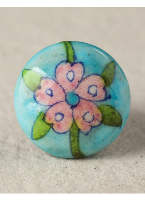 Vintage Turquoise Ceramic Blue Pottery Knob With Salmon Pink Flower