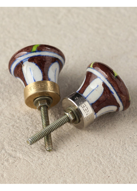 Elegant Brown Ceramic Blue Pottery Door Knob With Salmon Pink Flower