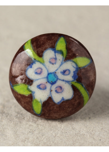Elegant Brown Ceramic Blue Pottery Door Knob With Salmon Pink Flower