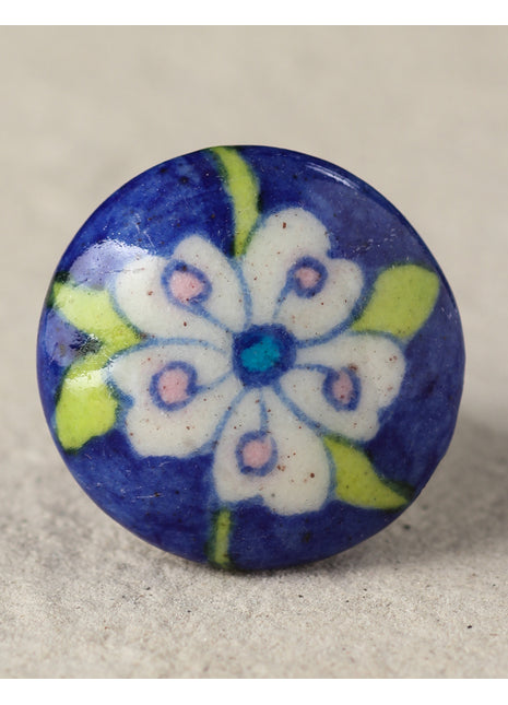 Designer Blue Ceramic Blue Pottery Door Knob With Salmon Pink Flower