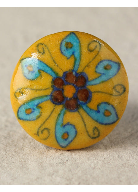 Yellow Ceramic Blue Pottery Kitchen Cabinet Knob with Turquoise Flower