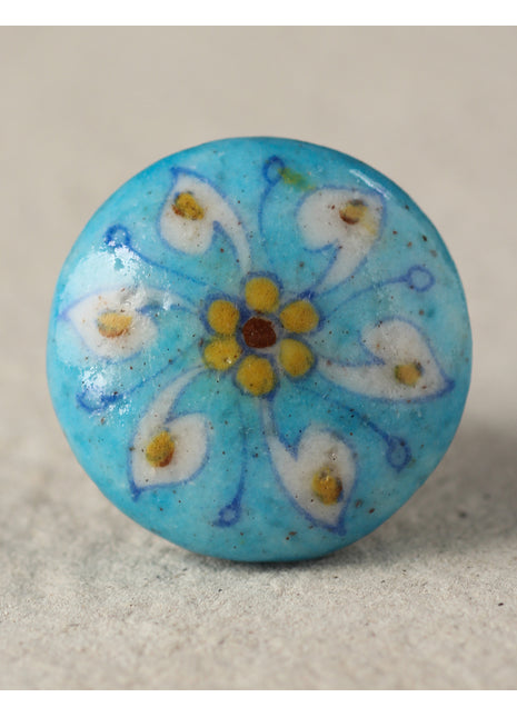 Turquoise Ceramic Blue Pottery Dresser Cabinet Knob with White Flower