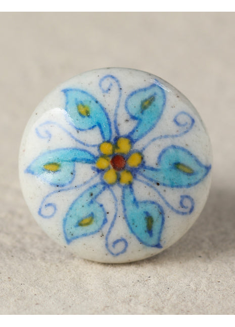 White Ceramic Blue Pottery Door Knob with Turquoise Flower
