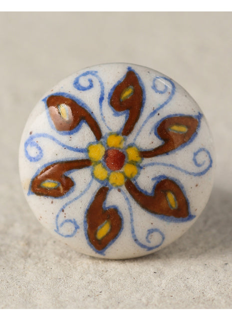 White Ceramic Blue Pottery Drawer Knob with Brown Flower