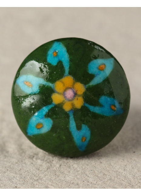 Green Ceramic Blue Pottery Drawer Knob with Turquoise Flower