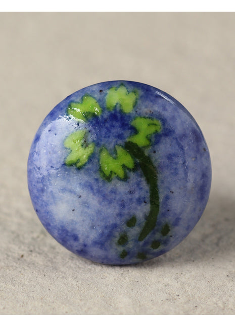 Green Flower On Purple Ceramic Blue Pottery Dresser Cabinet Knob