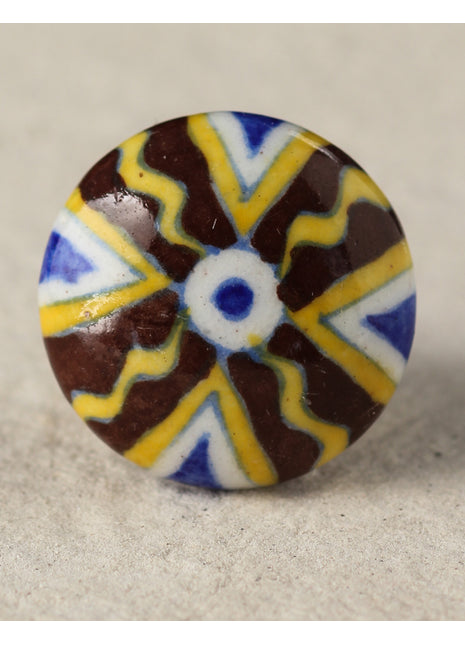 Zigzag Yellow, Brown And Blue Ceramic Blue Pottery Door Knob