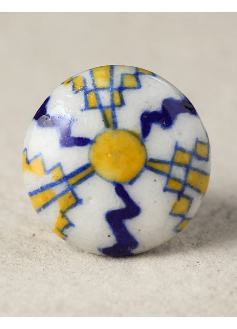 White Ceramic Blue Pottery Door Knob With Yellow And Blue Print