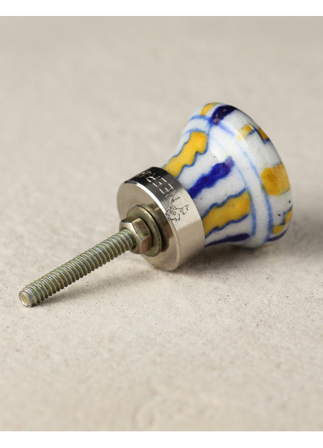 White Ceramic Blue Pottery Door Knob With Yellow And Blue Print